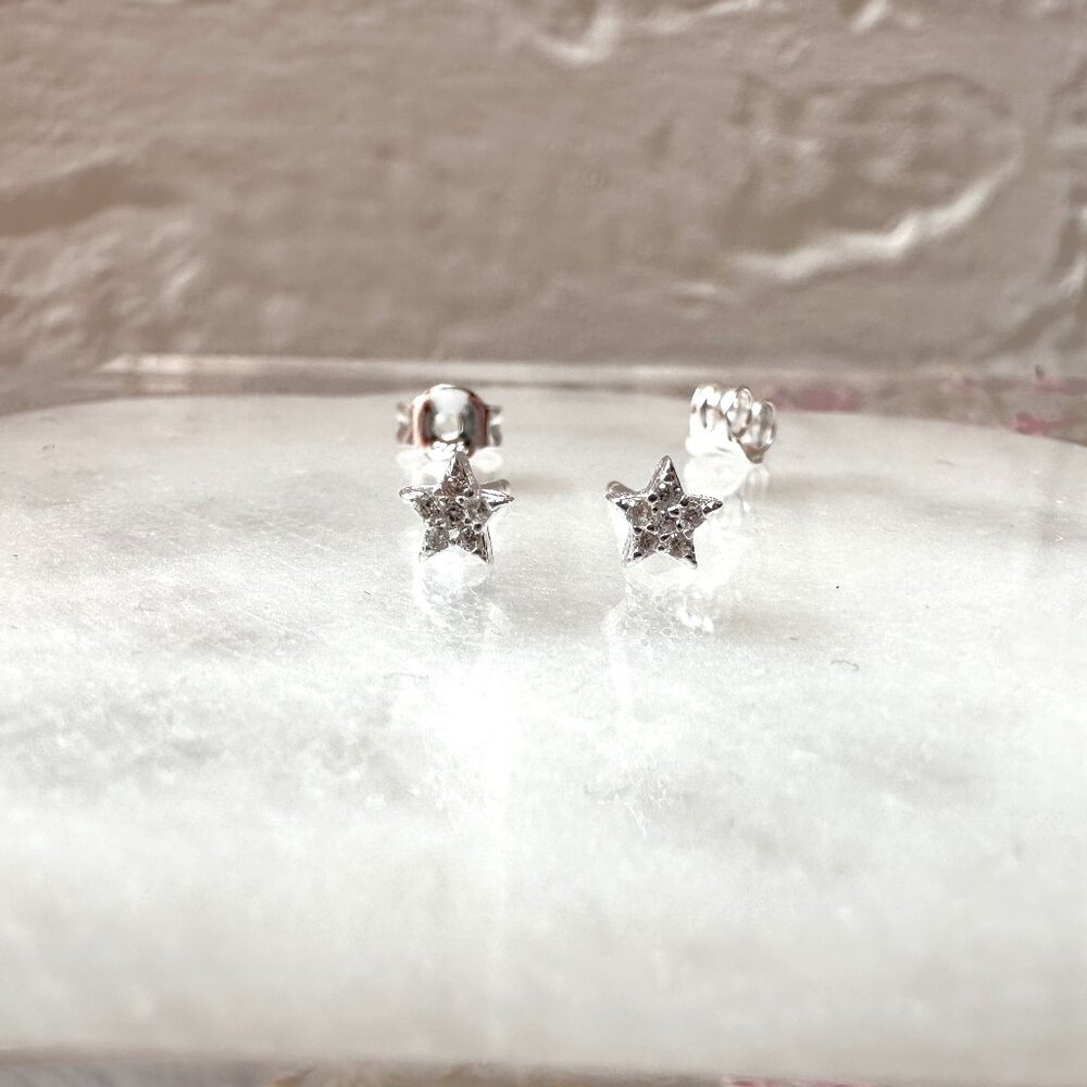 Cute Tiny Sterling Silver Sparkly Star Stud Earrings | .925 Sterling Silver